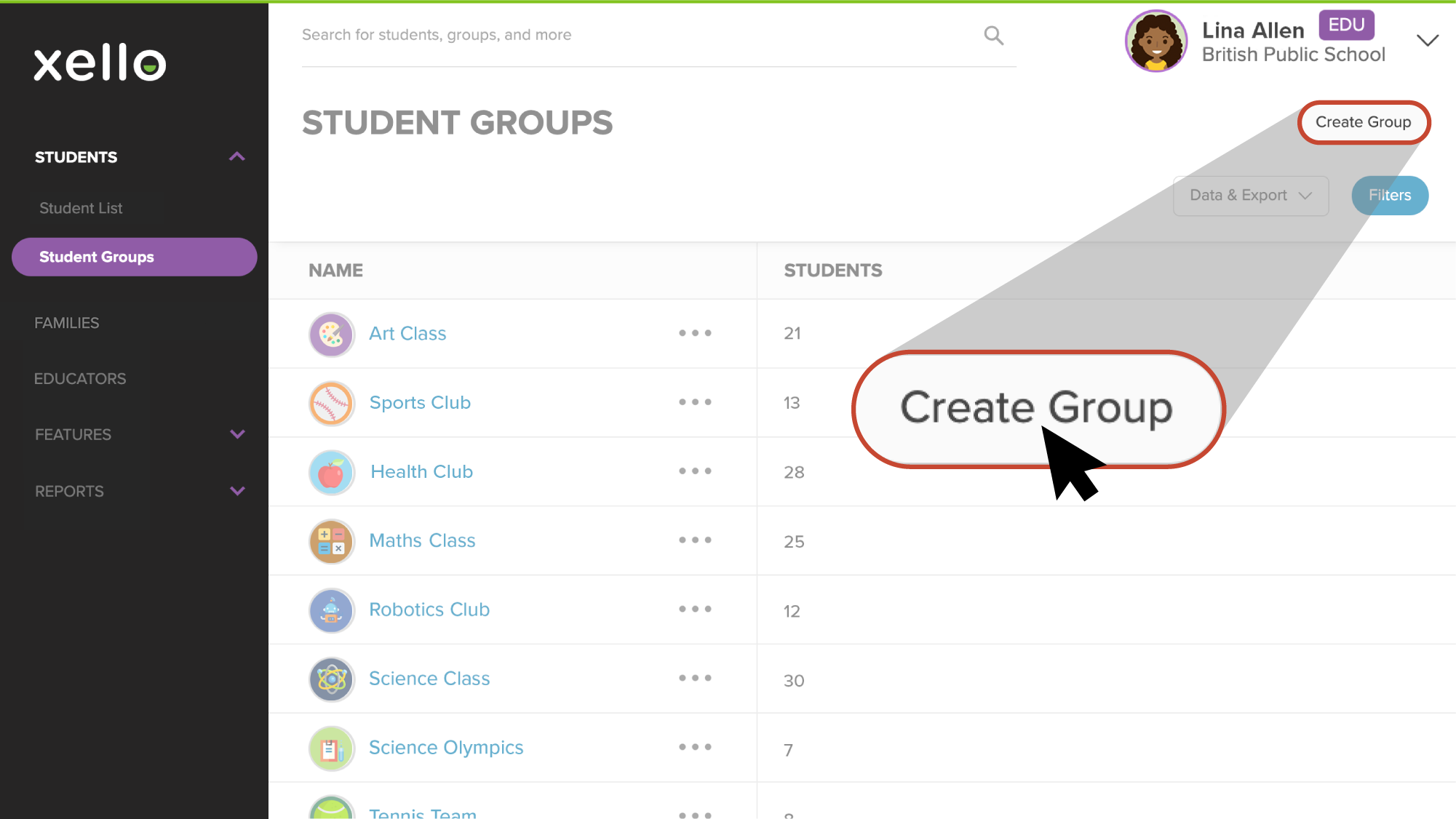 Student groups page open. Create Group button highlighted with cursor hovering over it